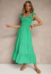 Zielona Sukienka z Bawełny na Ramiączkach Ozdobiona Falbanami i Gumkami Mevalys. Zielone sukienki Renee, na imprezę, l, bez wzorów, z bawełny, eleganckie, bez kołnierzyka, bez ramiączek, maxi, rozkloszowane. Za 44.99 zł.