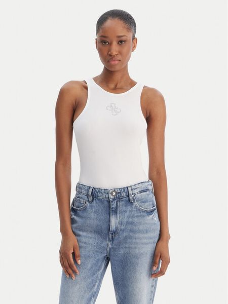 Guess Top W6RP39 KD092 Biały Regular Fit. Białe topy Guess, s, z aplikacjami, z syntetyku, bez kołnierzyka, bez ramiączek. Za 179.99 zł.