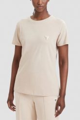 GUESS Kremowy damski t-shirt na krótki rękaw Colette, Rozmiar M. Brązowe t-shirty Guess, m, z aplikacjami, bez kołnierzyka, bez ramiączek. W wyprzedaży za 159.99 zł.