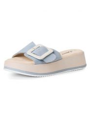 S.Oliver Skórzane klapki w kolorze błękitnym rozmiar: 42. Niebieskie klapki S.Oliver, bez wzorów, z otwartym noskiem, bez obcasa, na platformie. Za 141.85 zł.