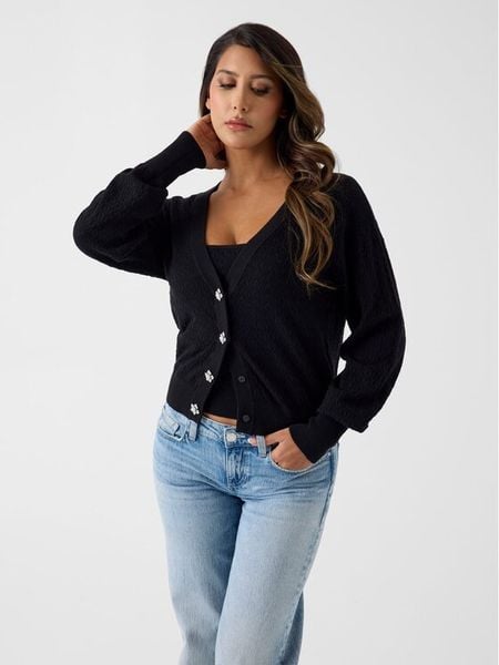 Guess Kardigan W6YR14 Z0955 Czarny Regular Fit. Czarne kardigany Guess, xs, z aplikacjami, z syntetyku. Za 384.99 zł.