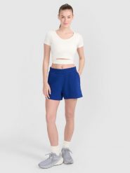 4F Spodenki dresowe damskie - granatowe XS. Niebieskie szorty 4f, bez wzorów, z bawełny, sportowe. Za 59.99 zł.