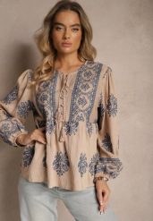 Brązowa Wiskozowa Bluzka w Stylu Boho z Falbanką Zdobiona Haftem i Wiązaniem Aerraza. Brązowe bluzki Renee, m, z aplikacjami, z jeansu, boho, bez kołnierzyka, bez ramiączek. W wyprzedaży za 97.99 zł.