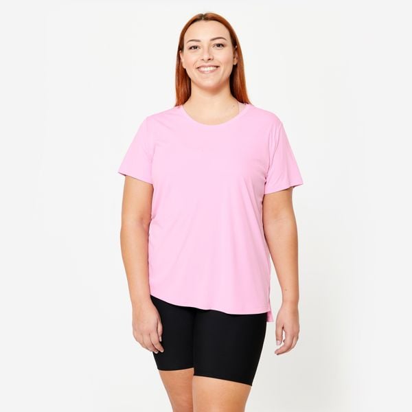 Koszulka fitness damska Domyos Puls Size krótki rękaw. Czerwone bluzki DOMYOS, l, bez wzorów, z elastanu, sportowe, bez kołnierzyka, plus size, bez ramiączek. Za 39.99 zł.