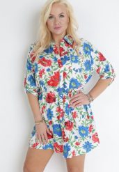Biała Koszulowa Sukienka Mini z Guzikami i Materiałowym Paskiem Raimeda. Białe sukienki Born2be, na lato, plus size, bez wzorów, z materiału, bez kołnierzyka, plus size, bez ramiączek, mini, koszulowe. Za 34.99 zł.
