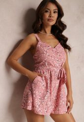 Różowy Kombinezon Kisney. Czerwone sukienki Renee, na lato, l, bez wzorów, z materiału, bez kołnierzyka, bez ramiączek, mini. Za 54.99 zł.