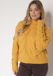 Żółty Golf z Domieszką Wełny Zdobiony Oryginalnym Splotem Fedwira. Żółte golfy Born2be, uniwersalny, z aplikacjami, z jeansu, bez ramiączek. Za 159.99 zł.