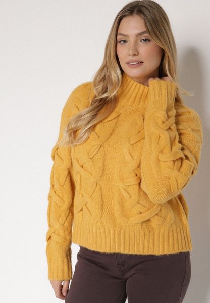 Żółty Golf z Domieszką Wełny Zdobiony Oryginalnym Splotem Fedwira. Żółte golfy Born2be, uniwersalny, z aplikacjami, z jeansu, bez ramiączek. Za 159.99 zł.