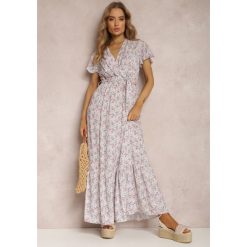 Biało-Różowa Sukienka z Wiskozy Rhenane. Białe sukienki Renee, m, bez wzorów, z wiskozy, bez kołnierzyka, bez ramiączek, maxi, kopertowe. Za 59.99 zł.