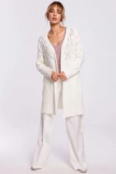 Długi kardigan ażurowy sweter z paskiem ecru. Białe kardigany MOE, l, w ażurowe wzory, z dzianiny. Za 249.00 zł.