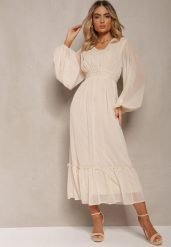 Beżowa Plisowana Sukienka Koktajlowa Ozdobiona Guzikami i Falbankami Osumia. Brązowe sukienki Renee, na lato, l, bez wzorów, eleganckie, bez kołnierzyka, bez ramiączek, maxi, rozkloszowane. Za 119.99 zł.