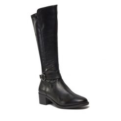 Kozaki Tamaris. Czarne kozaki Tamaris, bez obcasa, na słupku, bez zapięcia. Za 549.99 zł.