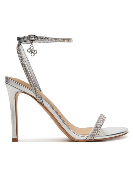 Guess Sandały FLJCHR SAT03 Srebrny. Szare sandały Guess, z aplikacjami, ze skóry, bez obcasa, na szpilce, bez zapięcia. Za 549.99 zł.