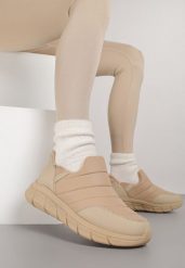 Ciemnobeżowe Sneakersy Śniegowce na Platformie z Tłoczeniem i Pikowaną Cholewką Vermina. Brązowe trapery i śniegowce Renee, z dresówki. Za 79.99 zł.