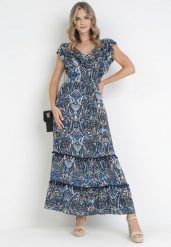 Czarno-Granatowa Rozkloszowana Sukienka Maxi z Marszczoną Gumką w Pasie i Falbanami z Wiskozy Wilsey. Niebieskie sukienki Born2be, na imprezę, s, bez wzorów, z wiskozy, bez kołnierzyka, bez ramiączek, maxi, rozkloszowane. Za 89.99 zł.