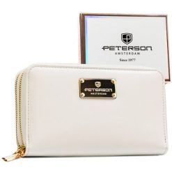 Portfel damski w typie piórnika ze skóry ekologicznej w białym kolorze, wyposażony w system RFID - Peterson. Białe portfele Peterson, bez wzorów, ze skóry ekologicznej. Za 104.99 zł.