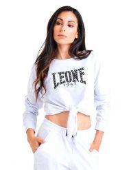 Luksusowa damska bluza wiązana z okrągłym dekoltem. Białe bluzy LEONE 1947 APPAREL, na lato, l, z aplikacjami, z bawełny, z kapturem. Za 84.16 zł.