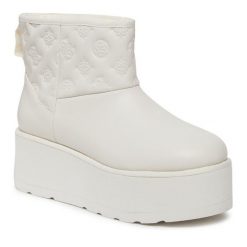 Botki Guess. Białe botki Guess, z aplikacjami, bez obcasa, na płaskiej podeszwie, bez zapięcia. Za 859.99 zł.