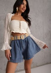 Granatowe Szorty Jeansowe High Waist z Bawełny z Elastycznym Paskiem Tinreia. Niebieskie szorty Renee, bez wzorów, z bawełny, z podwyższonym stanem. Za 149.99 zł.