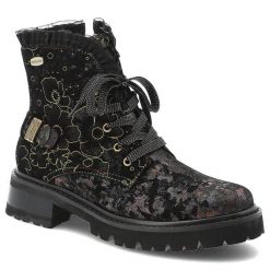 Czarne Botki Laura Vita Eleganckie Obuwie Damskie. Czarne botki Laura Vita, bez wzorów, z koronki, bez obcasa, bez zapięcia. Za 450.99 zł.