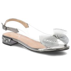 Sandały damskie S.Barski, transparentny pasek ozdobna kokarda zapinane sprzączką niski obcas elegancki fason, szare, MR61-9004. Szare sandały S.BARSKI, z aplikacjami, eleganckie, bez obcasa, na obcasie, bez zapięcia. Za 199.00 zł.