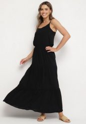 Czarna Wiskozowa Sukienka o Rozkloszowanym Kroju na Ramiączkach Flenore. Czarne sukienki Born2be, na co dzień, na lato, l, bez wzorów, z wiskozy, eleganckie, bez kołnierzyka, bez ramiączek, maxi, kopertowe. Za 89.99 zł.