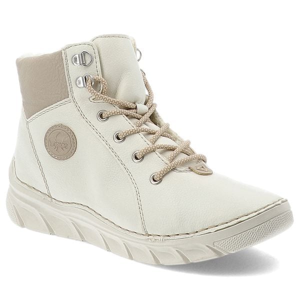 Białe Botki Rieker Ocieplane Obuwie Damskie. Białe botki Rieker, na zimę, bez wzorów, z syntetyku, bez obcasa, bez zapięcia. Za 369.00 zł.