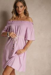 Fioletowa Sukienka Hiszpanka z Bawełną i Wiskozą Ozdobiona Sznurkiem Lilarelle. Fioletowe sukienki Renee, na co dzień, na wiosnę, m, bez wzorów, z bawełny, eleganckie, bez kołnierzyka, bez ramiączek, mini, z odkrytymi ramionami. Za 39.99 zł.