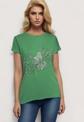 Zielony Klasyczny Bawełniany T-shirt z Nadrukiem Wiloa. Zielone t-shirty Born2be, xl, bez wzorów, z bawełny, bez kołnierzyka, bez ramiączek. Za 59.99 zł.