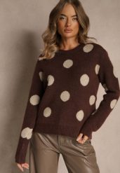 Brązowy Sweter z Wełną o Prostym Kroju w Grochy Fenilevia. Brązowe swetry Renee, bez wzorów, z jeansu, bez ramiączek. Za 149.99 zł.