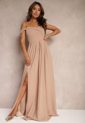 Ciemnobeżowa Elegancka Długa Sukienka Hiszpanka Wykończona Rozcięciem na Dole Idelia. Brązowe sukienki Renee, na lato, l, bez wzorów, z materiału, eleganckie, bez kołnierzyka, bez ramiączek, maxi. Za 124.99 zł.