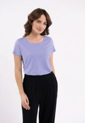 Gładki t-shirt T-PIA. Fioletowe t-shirty Volcano, s, bez wzorów, z bawełny, bez kołnierzyka, bez ramiączek. Za 59.99 zł.