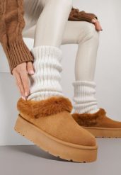 Brązowe Śniegowce na Grubej Podeszwie z Niską Cholewką i Futerkiem Sewone. Brązowe trapery i śniegowce Born2be, z futra, przed kostkę. Za 59.99 zł.