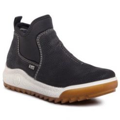 RIEKER M4760-00 Czarny. Czarne botki Rieker, bez wzorów, z nubiku, bez obcasa, bez zapięcia. Za 279.99 zł.