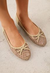 Ciemnobeżowe Siateczkowe Balerinki z Plecioną Cholewką z Kokardką Lilinrelle. Brązowe baleriny Born2be, bez wzorów, z jeansu, bez obcasa. Za 69.99 zł.