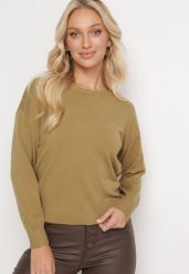 Jasnozielony Sweter o Klasycznym Kroju z Okrągłym Dekoltem Kamalthea. Zielone swetry Born2be, bez wzorów, z dzianiny, bez ramiączek. Za 59.99 zł.