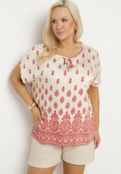 Biało-Czerwona Bluzka w Boho Wzór z Wiązaniem przy Dekolcie Jenalia. Czerwone bluzki Born2be, xl, bez wzorów, z jeansu, boho, bez kołnierzyka, bez ramiączek. W wyprzedaży za 46.74 zł.