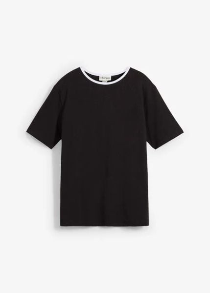 T-shirt z kontrastowym elementem. Czarne t-shirty bonprix, bez wzorów, bez kołnierzyka, bez ramiączek. Za 24.99 zł.