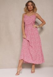Różowa Rozkloszowana Sukienka z Bawełny na Ramiączkach Jenarissea. Czerwone sukienki Renee, na wesele, l, bez wzorów, z bawełny, eleganckie, bez kołnierzyka, bez ramiączek, maxi, kopertowe. Za 39.99 zł.
