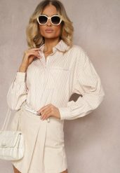 Beżowa Koszula z Długim Rękawem Zapinana na Guziki z Kieszonką Vloenni. Brązowe koszule Renee, l, bez wzorów, eleganckie, bez kołnierzyka, plus size, bez ramiączek. Za 114.99 zł.