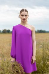 Luźna Sukienka na Jedno Ramię - Lawendowa. Fioletowe sukienki MOE, l, bez wzorów, z elastanu, wizytowe, bez kołnierzyka, bez ramiączek. Za 273.90 zł.