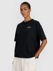 4F T-shirt oversize z nadrukiem damski - czarny XS. Czarne koszulki sportowe 4f, bez wzorów, z bawełny, bez ramiączek. W wyprzedaży za 39.99 zł.