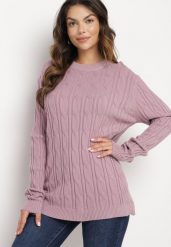 Fioletowy Sweter z Wiskozą i Ozdobnym Splotem Savria. Fioletowe swetry Born2be, bez wzorów, z jeansu, bez ramiączek. Za 64.99 zł.