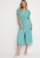Zielona Bawełniana Sukienka Rozkloszowana w Cętki z Ozdobnymi Guzikami Alulune. Zielone sukienki Born2be, na co dzień, l, bez wzorów, z bawełny, eleganckie, bez kołnierzyka, bez ramiączek, midi, kopertowe. Za 44.99 zł.