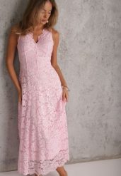 Różowa Rozkloszowana Sukienka z Koronki z Taliowaną Gorsetową Górą Apadina. Czerwone sukienki Renee, l, bez wzorów, z koronki, eleganckie, bez kołnierzyka, bez ramiączek, maxi, gorsetowe. Za 199.99 zł.