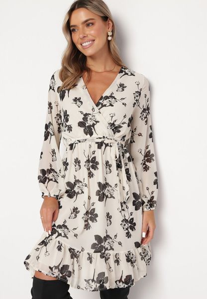 Biała Sukienka Mini z Falbanką i Gumką w Pasie Lisanor. Białe sukienki Born2be, l, z aplikacjami, z materiału, bez kołnierzyka, bez ramiączek, mini, rozkloszowane. Za 109.99 zł.