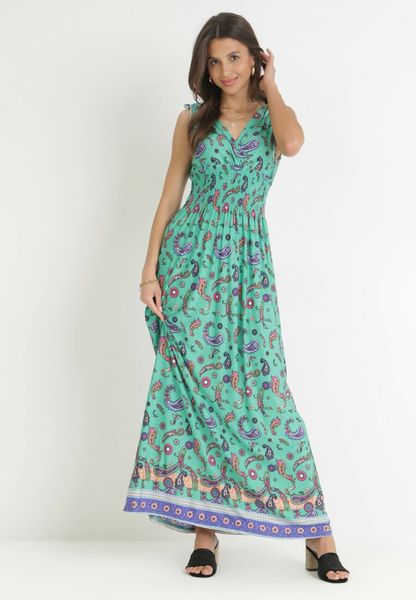 Zielona Sukienka Maxi z Gumką w Pasie i Głębokim Dekoltem we Wzór Paisley Emmatta. Zielone sukienki Born2be, na lato, l, bez wzorów, bez kołnierzyka, bez ramiączek, maxi, rozkloszowane. Za 69.99 zł.