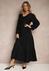 Czarna Rozkloszowana Sukienka z Wiskozy Zdobiona Koronkowymi Wstawkami Gonolen. Czarne sukienki Renee, na co dzień, l, z aplikacjami, z koronki, eleganckie, bez kołnierzyka, bez ramiączek, maxi, rozkloszowane. Za 119.99 zł.