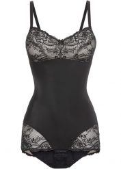 Body modelujące z ozdobnymi elementami, średni stopień modelowania sylwetki. Czarne body bonprix, bez wzorów, z koronki. Za 124.99 zł.