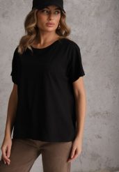 Czarny T-shirt Basic Oversize z Bawełny Elusis. Czarne t-shirty Renee, m, bez wzorów, z bawełny, bez kołnierzyka, bez ramiączek. Za 39.99 zł.